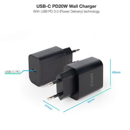 Tooq Cargador de Pared USB-C PD 20W TQWC-PDUSBC20B Negro